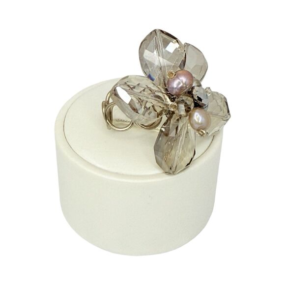 Glass Flower Statement Ring Sz 7 Bead Silver Cottagecore - Picture 6 of 15